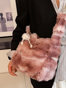 Chic pink and white plush shoulder bag with cute monster pendant for modern women