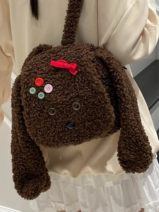 Mignon sac à dos peluche chiot brun foncé en tissu bouclé avec nœud rouge et boutons