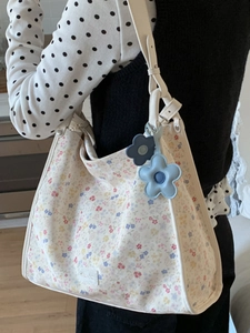 Floral shoulder tote bag with blue flower charms for women stylish autumn commute