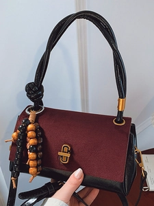 Vintage Splicing PU Leather Suede Shoulder Bag For Women With Wooden Bead Charm Fashion Crossbody Bag Elegant Handbag For Daily Use