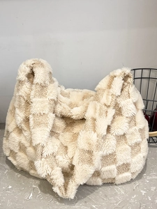 Large capacity plush tote bag with beige checkerboard pattern for winter casual style