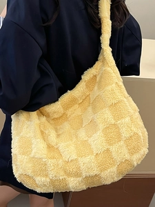 Large plush checkered tote bag in pale yellow, fluffy shoulder bag for casual winter outfits