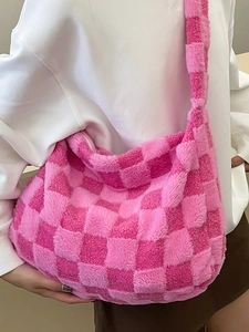 Pink checkered plush tote bag for women with a spacious interior and soft shoulder strap