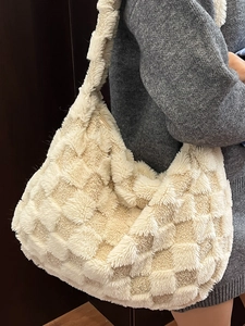 Plush checkerboard hobo bag in cream and light brown for autumn and winter style