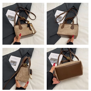 Four views of a khaki bucket bag with brown leather trim and beaded tassel detail