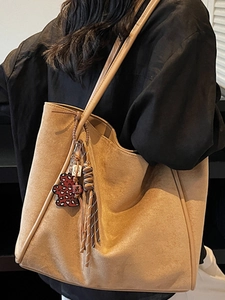 Retro camel suede tote bag for women with large capacity and leopard bear charm