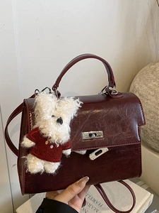 Kelly Style PU Leather Handbag For Women Vintage Shoulder Crossbody Bag With Plush Pendant Metal Lock Tote Satchel