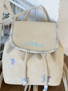 Retro PU Mini Backpack Women Star Patch Drawstring School Bag With Plaid Trim Embroidery College Style Casual Backpack