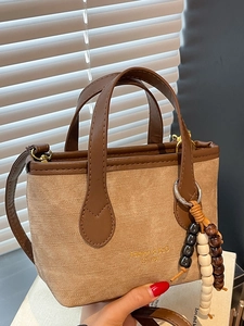 Vintage Women PU Leather Bucket Bag Contrast Stitching Small Shoulder Crossbody Bag With Wooden Bead Pendant Travel Handbag