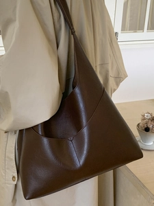 Minimalist deep brown leather Hobo bag, large capacity tote with polished wax finish