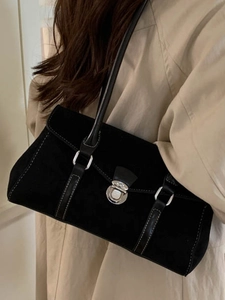 French vintage black suede baguette shoulder bag with silver hardware for women