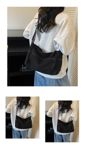 Detailed views of a black corduroy tote bag featuring woven straps and side braid details