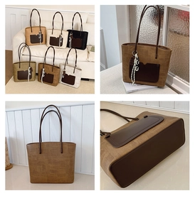 Detail view of large retro tote bag in various colors with creative chocolate pendant