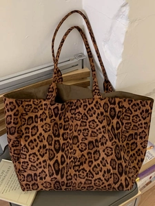 Retro Leopard Print Suede Tote Bag For Women Large Capacity Shoulder Bag Casual Commuting All-Match Fashion Handbag Bag
