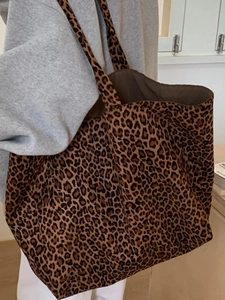 Retro leopard print suede tote bag with large capacity for daily commuting style