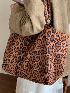 Vintage leopard print suede tote bag for women with large capacity shoulder strap design