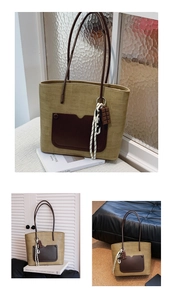 Detail of woven green tote bag with brown leather pocket and chocolate charm accessory