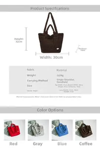 Detailed size specifications and color options for the fuzzy wool tote shoulder bag
