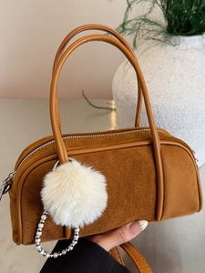 Women Suede Bowling Bag Korean Niche Shoulder Crossbody Bag With Plush Ball Artificial Pearl Charm Urban Leisure Versatile Handbag