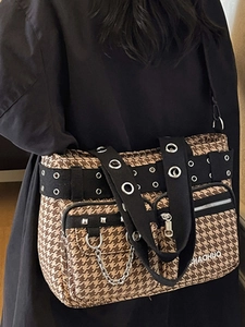 Gothic punk houndstooth tote bag with silver rivets and multi-pocket functional design
