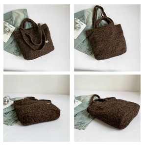 Detail shots of deep brown faux shearling tote bag from four different viewing angles