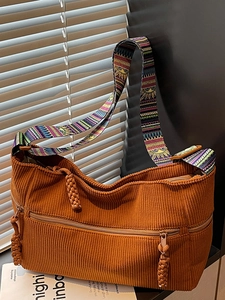 Women's Corduroy Large Capacity Tote Bag Minimalist Shoulder Bag With Colorful Ethnic Bohemian Strap Fashion Daily Handbag