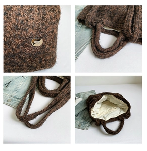 Detailed views of brown plush tote bag with heart logo and spacious fabric interior