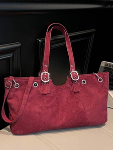 Vintage burgundy large tote bag in suede finish with decorative silver eyelets