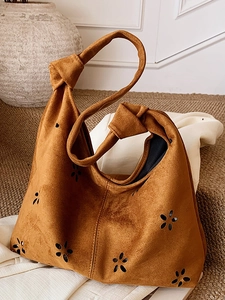 Sac à Épaule en Suédine pour Femmes Vintage Fleurs Ajourées Grande Capacité Sac Cabas avec Bandoulière Nouée Décontracté Rétro