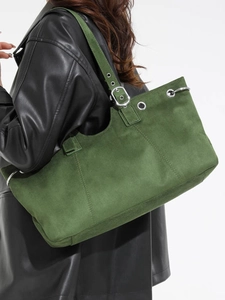Retro dark green large capacity tote bag with silver metal eyelets and wide strap