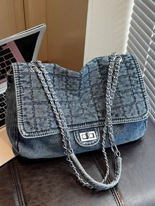 Women Denim Quilted Chain Shoulder Bag Large Capacity Washed Denim Tote Bag With Metal Lock Commuting Fashion Handbag