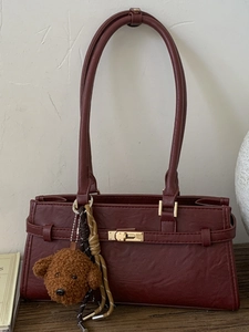 Minimalist Retro Underarm Shoulder Bag For Women PU Leather Fashion Stitching Purse With Plush Bear Charm Crossbody Bag