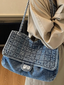 Stylish denim quilted shoulder bag with silver chain strap and large capacity for daily use