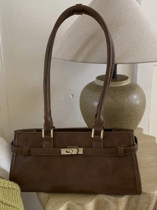 Minimalist vintage dark brown leather underarm shoulder bag with golden swivel lock