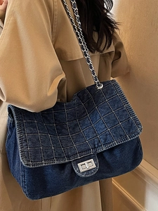 Fashionable large denim tote bag with white quilting and chain strap for women