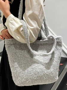 Chic light gray plush tote bag for women, spacious faux fur shoulder bag for daily commute
