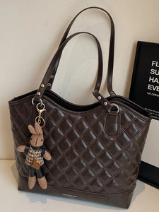 Women Fashion Rhombic Quilted Large Capacity Tote Bag Retro PU Leather Shoulder Handbag For Daily Commuting Office
