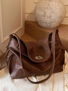 Women Retro PU Leather Tote Bag Large Capacity Commuter Shoulder Bag With Metal Lock Elegant Solid Color Underarm Handbag