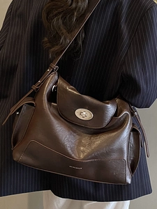 Large dark brown oil wax leather tote bag with silver buckle for office and commuting