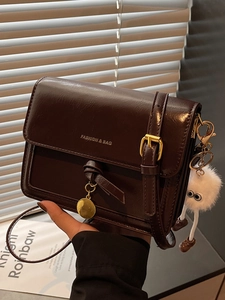 Minimalist chocolate brown crossbody bag with gold hardware and plush charm on shutter background