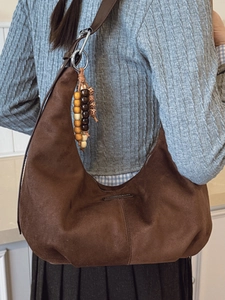Brown suede hobo shoulder bag with colorful wooden bead tassel for women autumn style