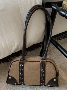 Vintage Suede Patchwork Boston Bag For Women Retro Casual Bowling Shoulder Bag Fashion Leopard Print Handbag With Baseball Charm
