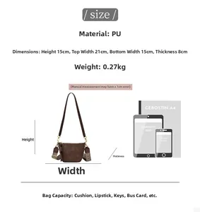 Size comparison of dark brown PU shell bag with retro strap against iPad and A4 paper