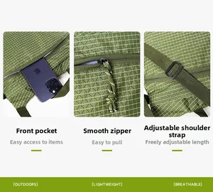 Detail of green plaid crossbody bag with front pocket, smooth zipper and nylon strap