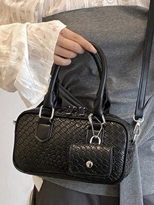 Black woven texture Boston bag with twin handles and adjustable strap for women