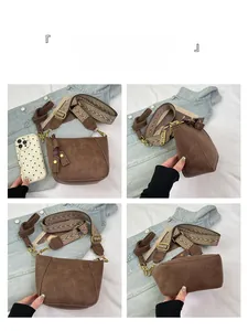 Detailed four-way views of brown shell bag with wide patterned strap and matte finish