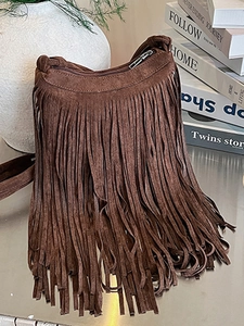 Sac à Épaule Vintage en Daim avec Franges pour Femmes Sac Bandoulière Bohème avec Pompons Mode Couleur Unie Petit Sac Carré pour le Quotidien