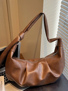Large Capacity PU Leather Pleated Hobo Shoulder Bag For Women Modern Minimalist Knot Strap Commuter Handbag