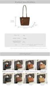 Size chart showing 33cm width PU leather tote bag parameters and color options