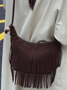Retro bohemian dark brown suede tassel crossbody bag with wooden bead details for women